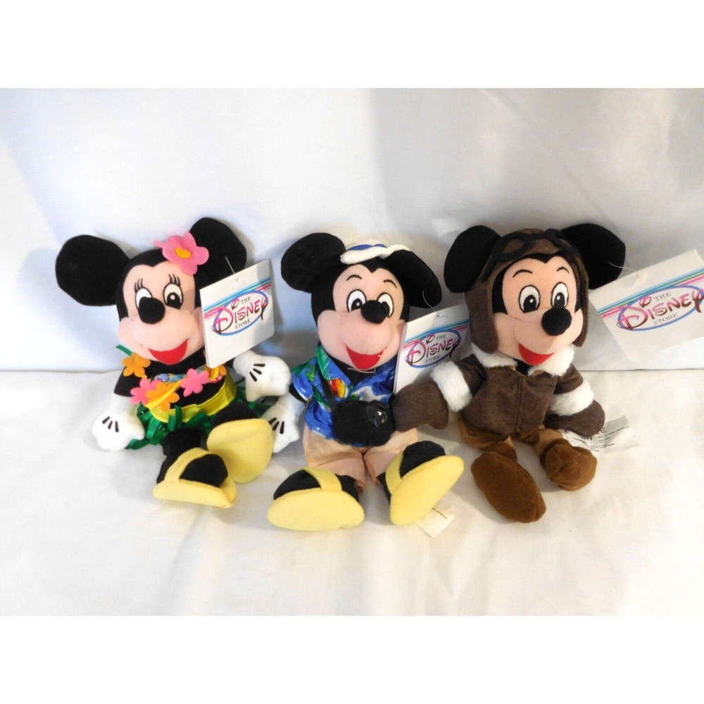 Disney Tourist Mickey + Hula Minnie + Pilot Mickey Mouse plush beanie Doll toy